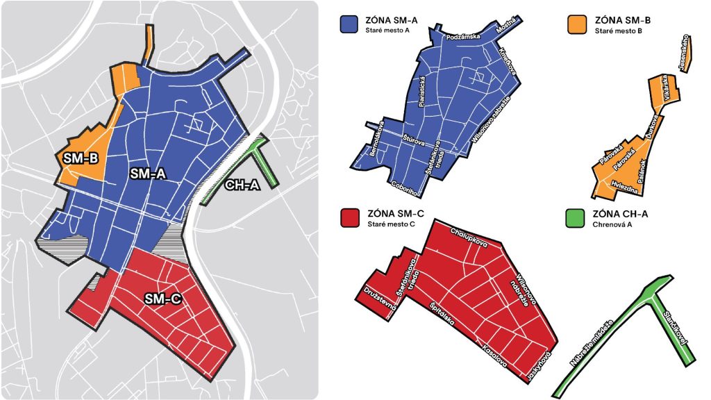 Mapa zón rezidentského parkovania v Nitre, rozdelená na oblasti SM-A (modrá), SM-B (oranžová), SM-C (červená) a CH-A (zelená), s vyznačenými ulicami.