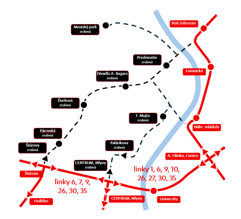 mapa výluky MHD