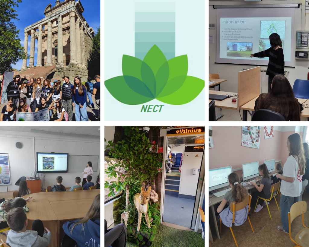 Koláž aktivít projektu NECT zameraného na environmentálne vzdelávanie a umelú inteligenciu.