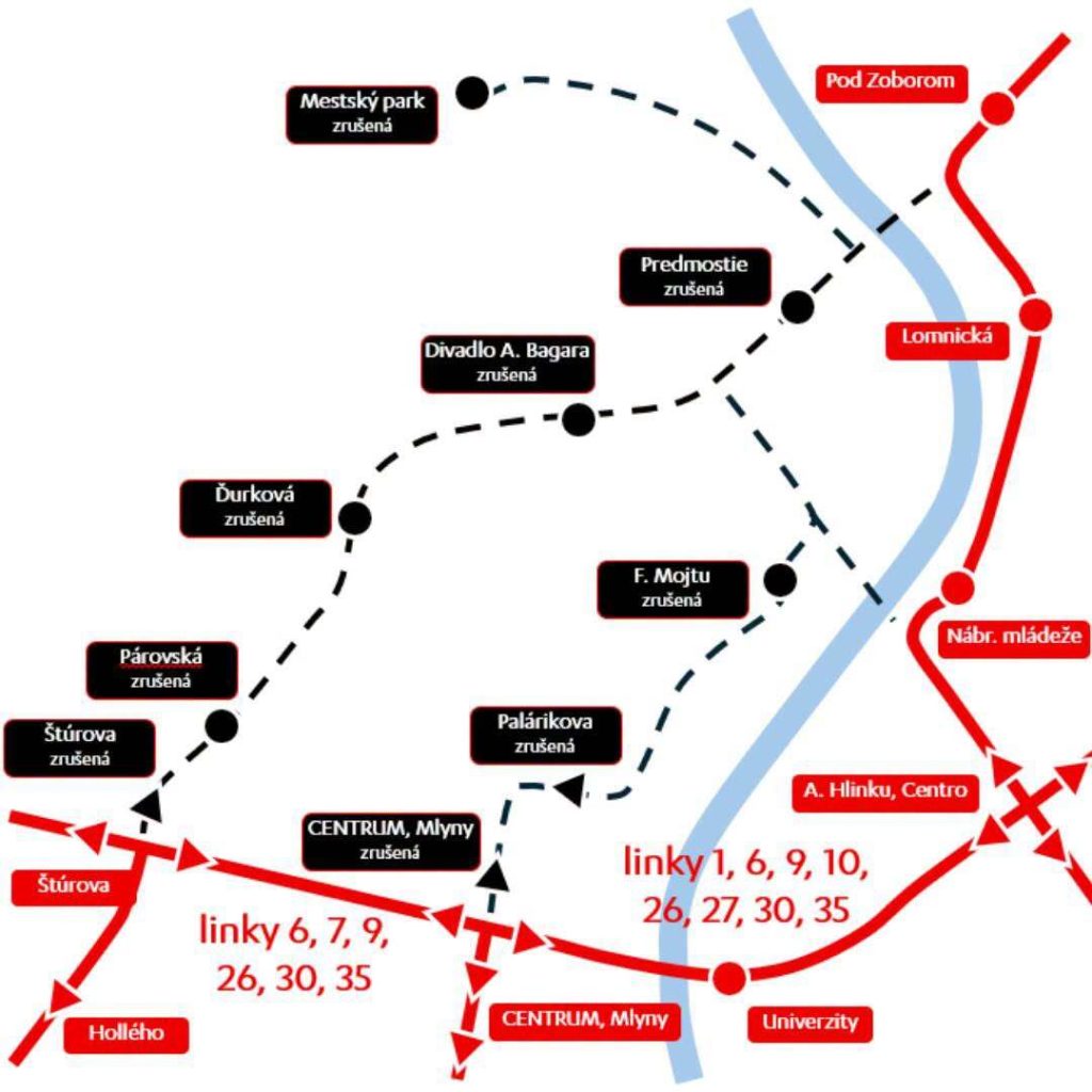 mapka s vyznačenými zástavkami, ktoré budú dočasne zrušené pre bežecké podujatie